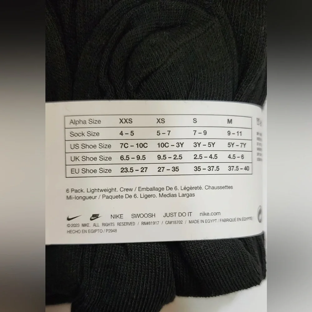 Nike dri-fit crew socks 6 pair pack black youth kids boys XXS XS